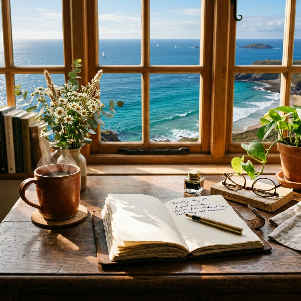 Open journal with handwritten notes beside steaming coffee mug and flowers on wooden desk